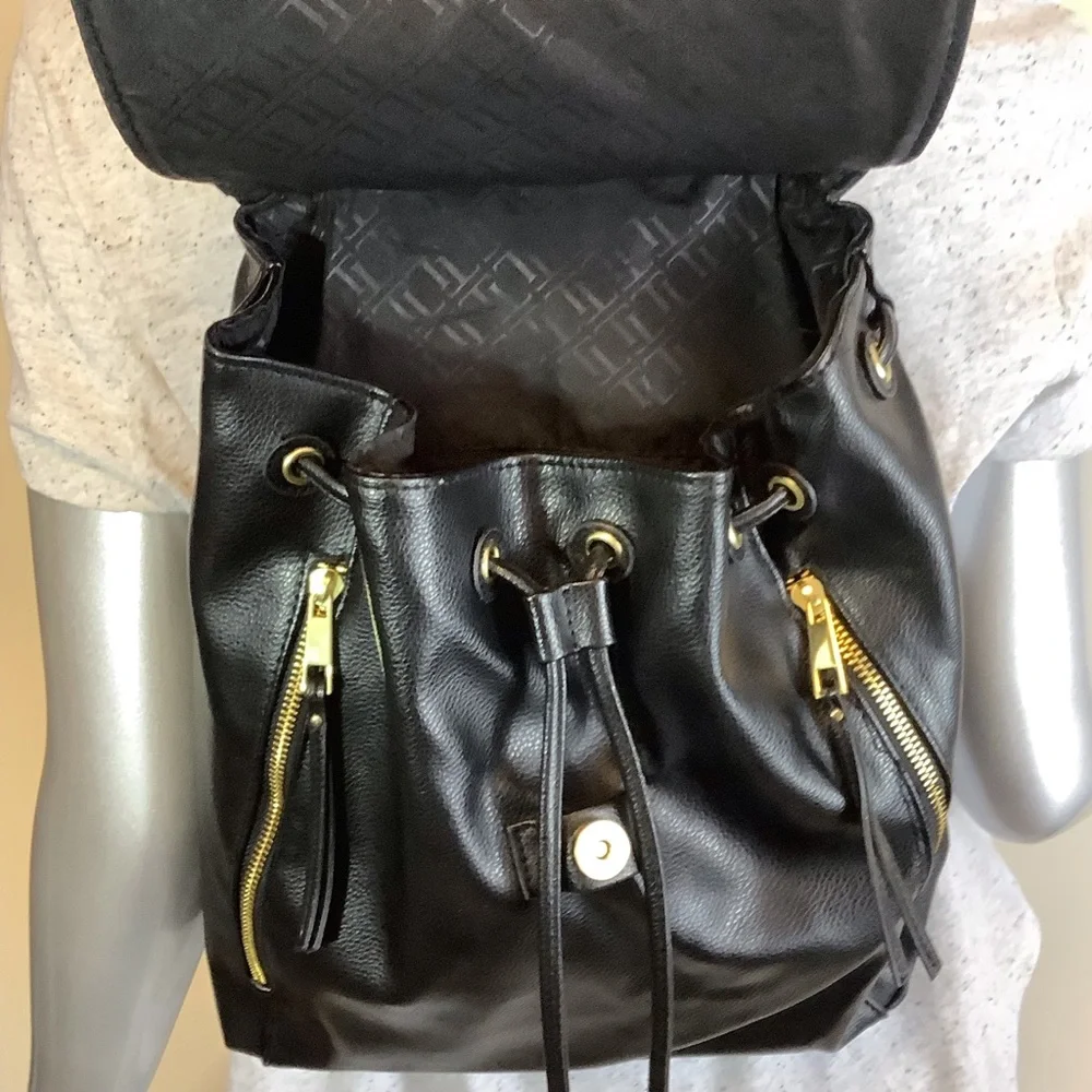 Faux Leather Black Drawstring Backpack Bucket Shoulder Bag